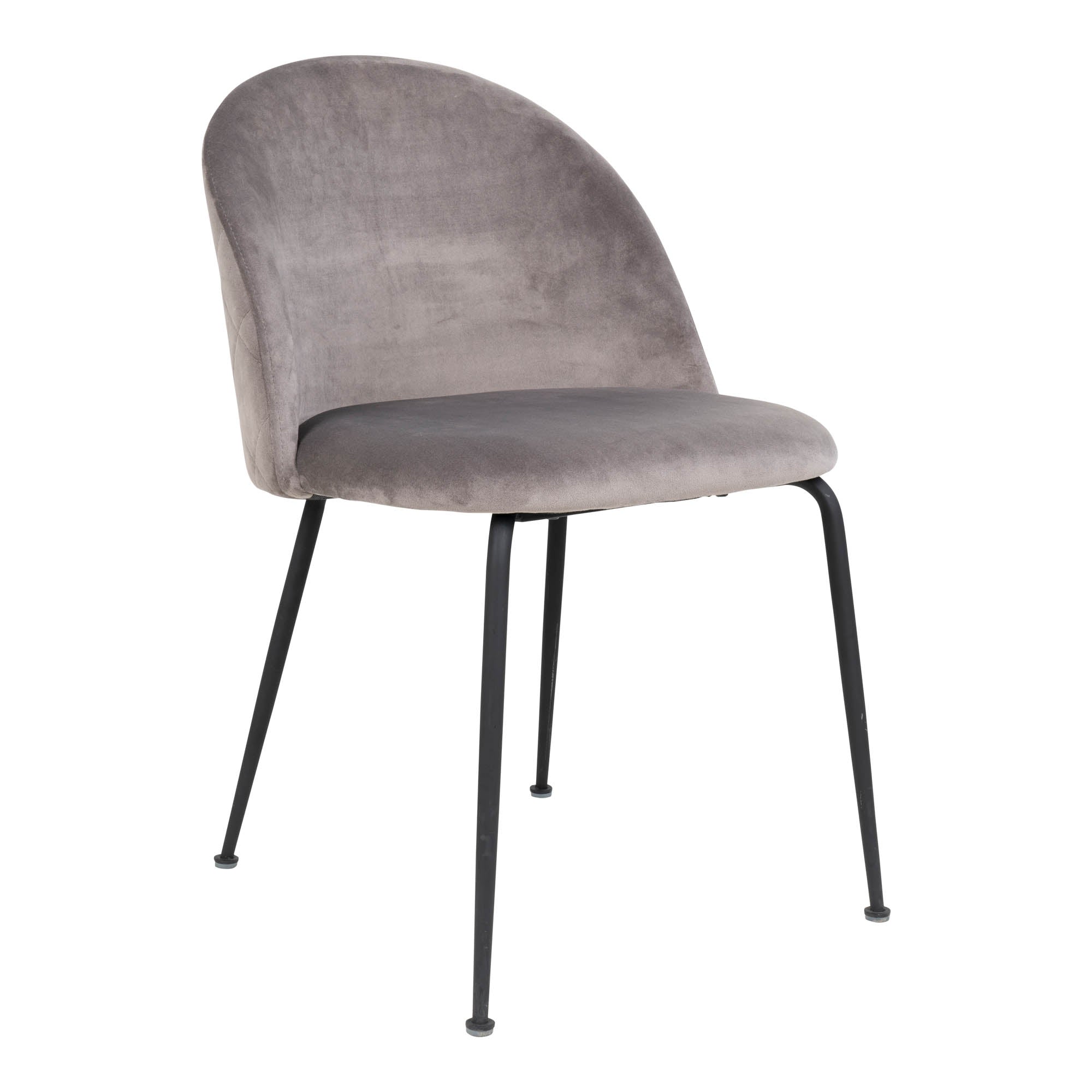 Grijze fluwelen stoel met gebogen rugleuning en zwarte metalen poten, modern en elegant design.